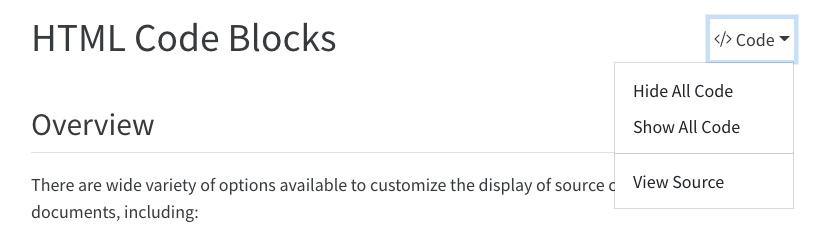 Capture d'écran du menu ajouté dans un HTML quarto quand code-tools est activé