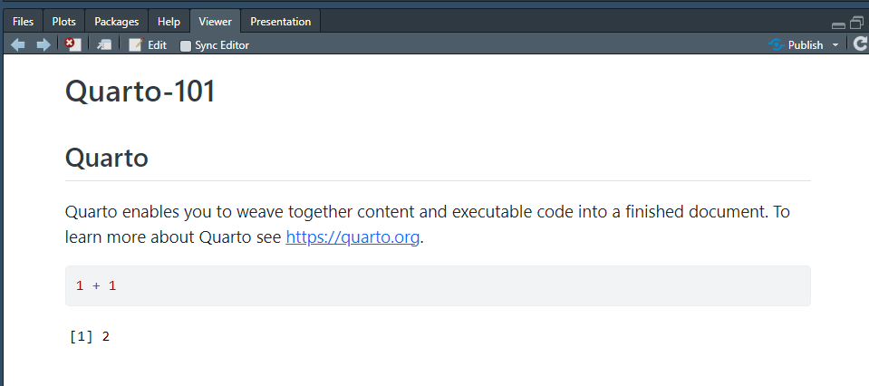 Capture d'écran de la fenêtre viewer de RStudio IDE après avoir générer un HTML.